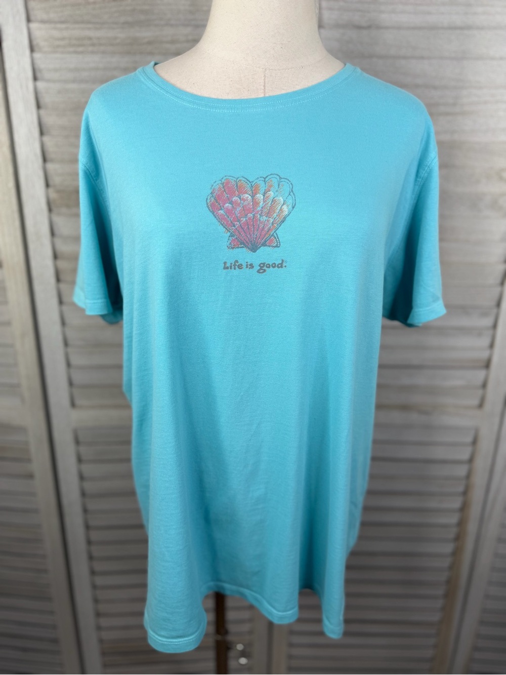 LIFE IS GOOD Women's Classic Fit Cotton T-Shirt Distressed Shell Washed Teal-XL